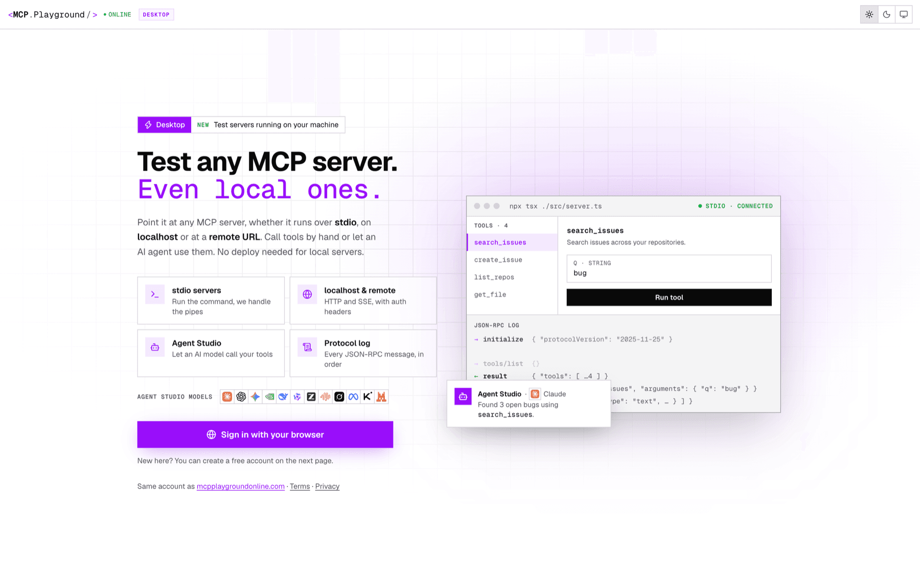 MCP Playground Desktop connected to a stdio MCP server started with npx tsx ./src/server.ts: four tools listed, the search_issues tool form, and the JSON-RPC log