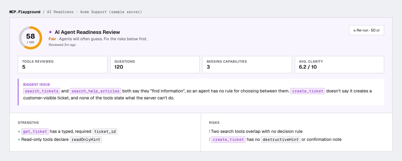 This is an image of the AI Agent Readiness Review header showing a score ring of 58 out of 100 rated Fair, summary figures, the Biggest issue verdict, and strengths and risks
