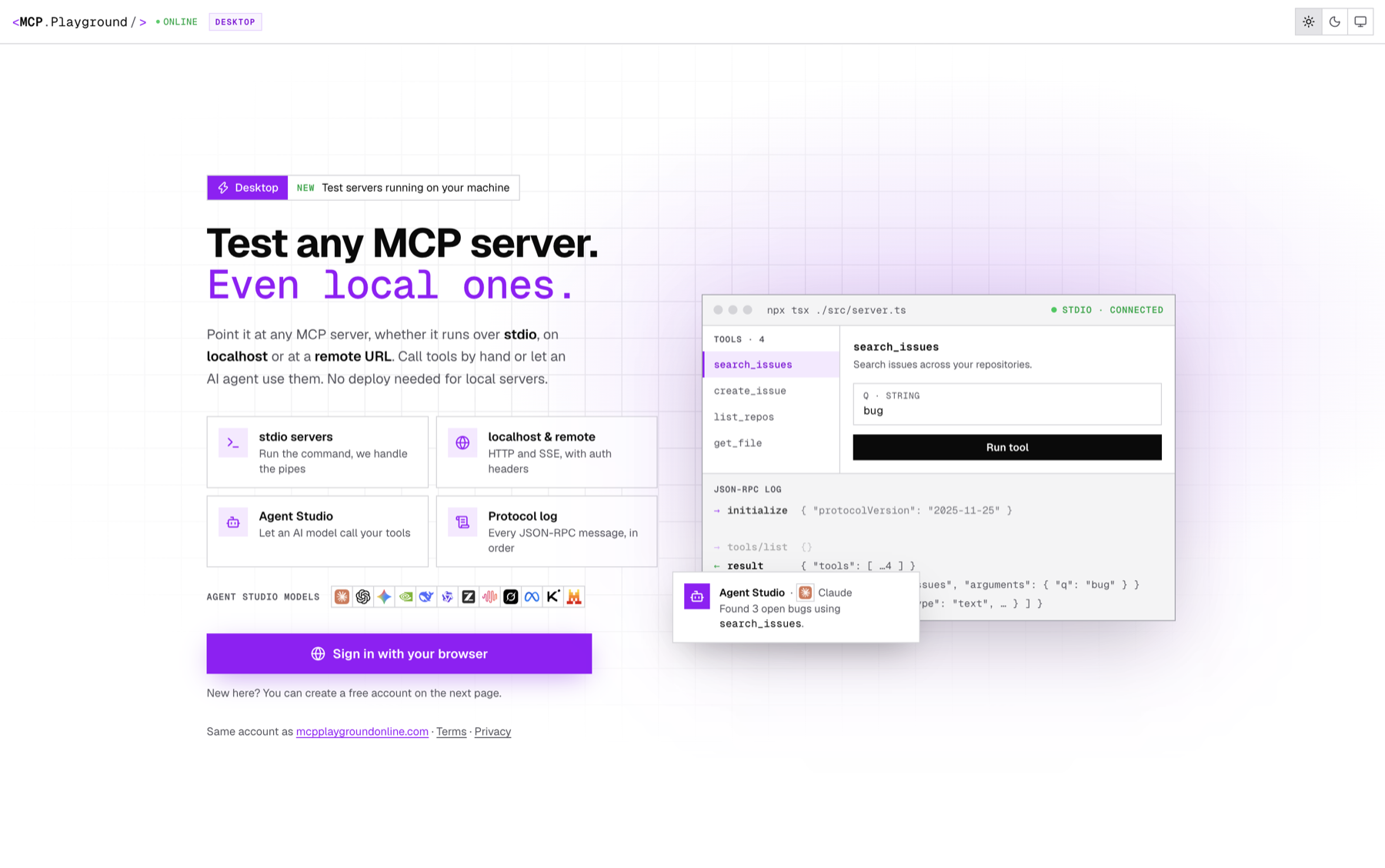 This is an image of MCP Playground Desktop connected to a local stdio MCP server, showing the tool list, a tool call form and the JSON-RPC log
